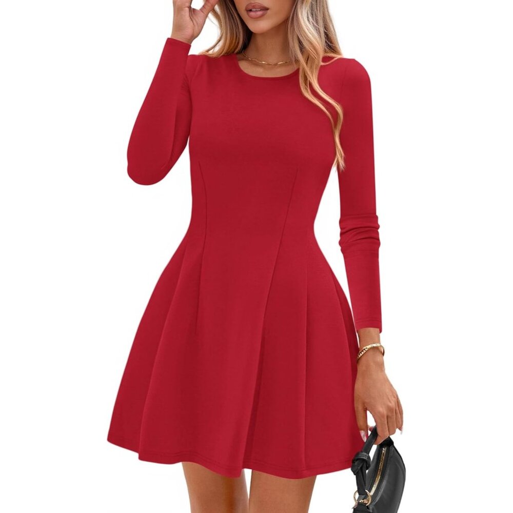 Long Sleeve Red Mini Dress Women Fall 2025 Crewneck Line Babydoll Casual